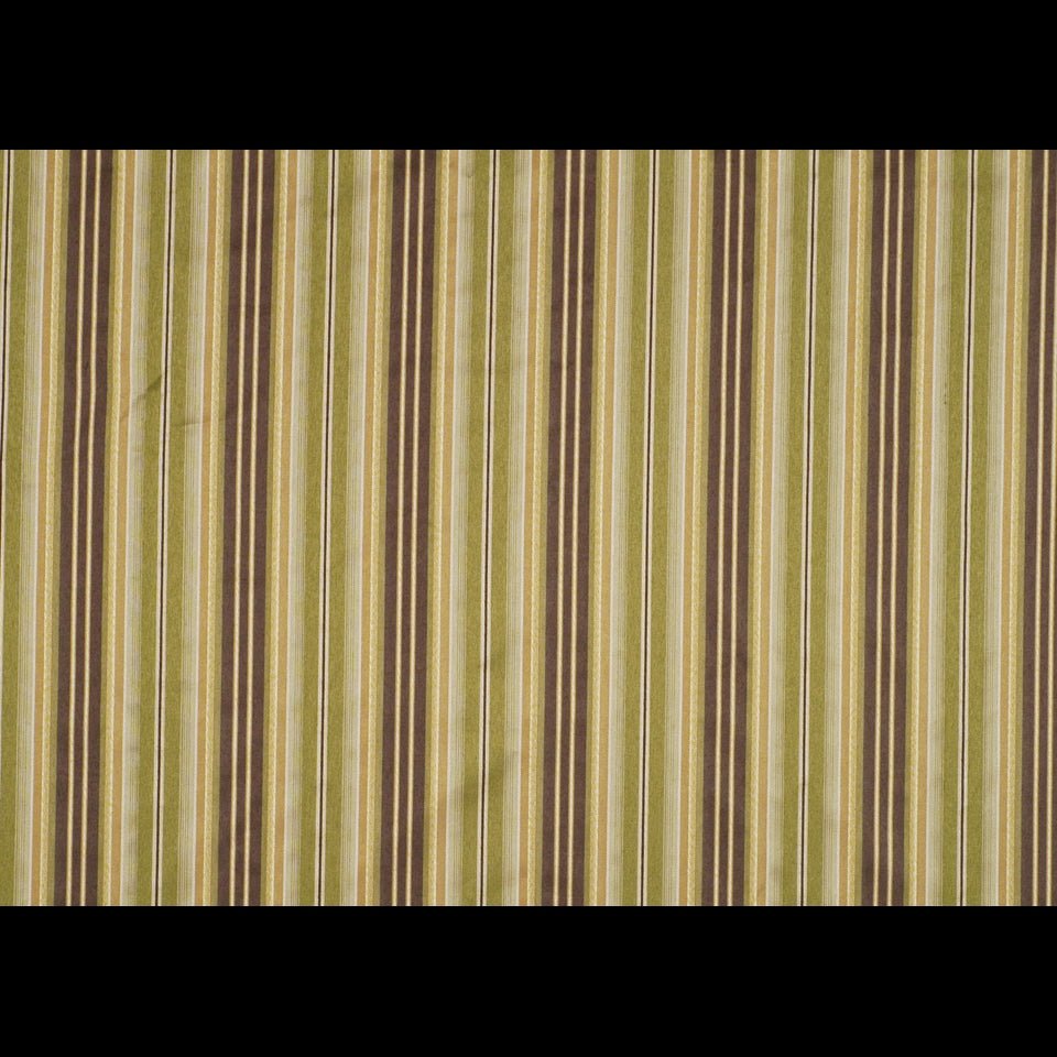 Vertical striped fabric in olive green, brown and beige; woven upholstery textile for decor.