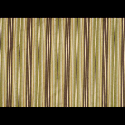 Vertical striped fabric in olive green, brown and beige; woven upholstery textile for decor.