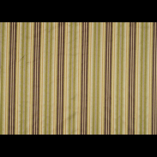 Vertical striped fabric in olive green, brown and beige; woven upholstery textile for decor.