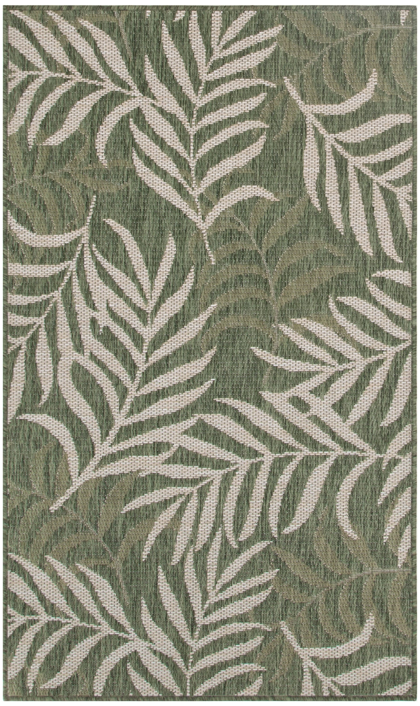 Green rectangular outdoor rug with a white palm leaf pattern and botanical woven design.