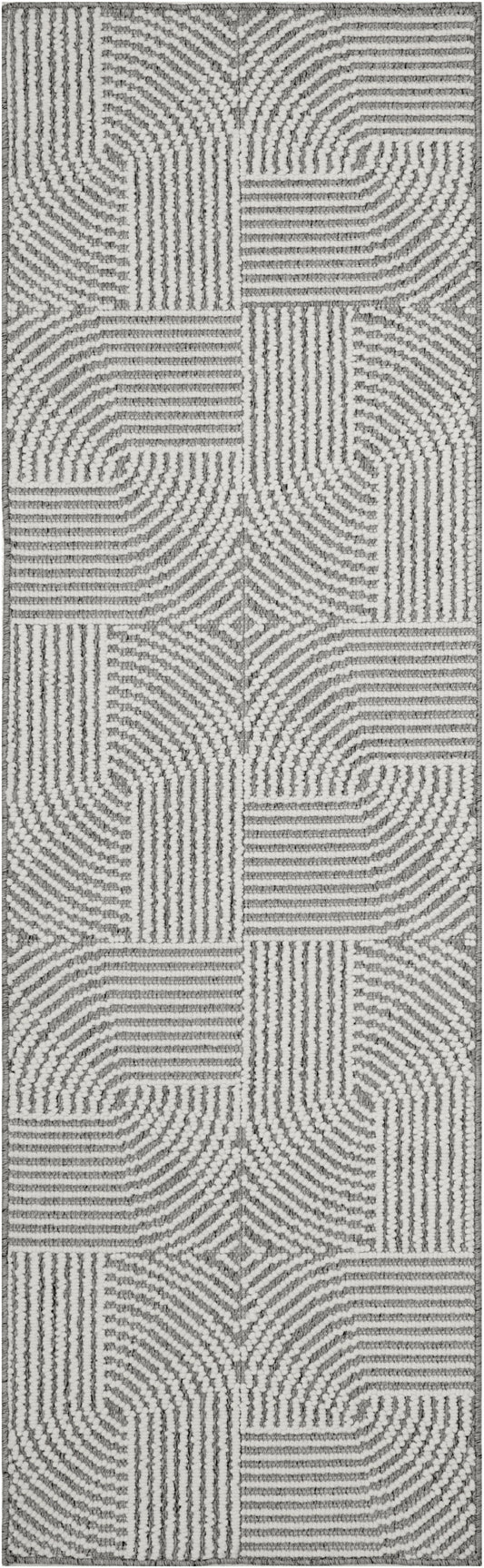 Gray and white geometric patchwork runner rug with looped pile and raised linear patterns for a modern living space.