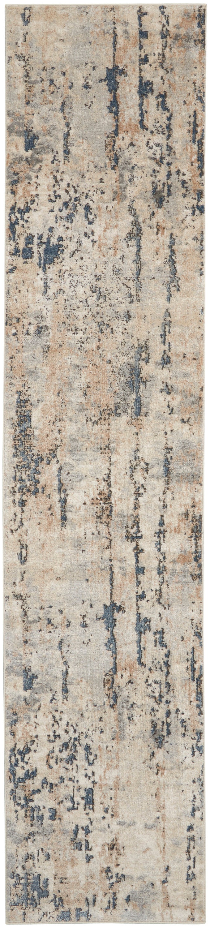 Beige runner rug with abstract blue-gray and peach streaks, distressed look; modern style for hallway or entryway.