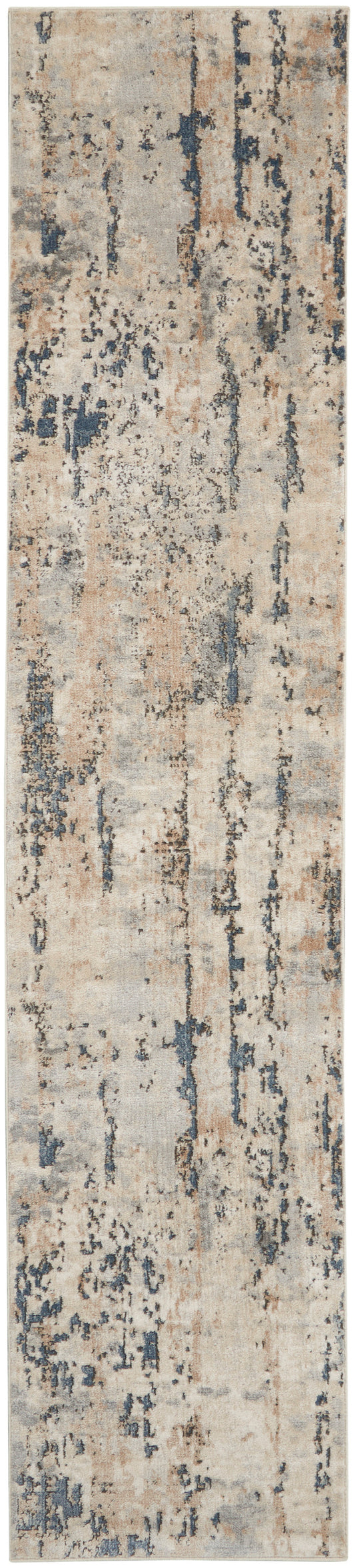 Beige runner rug with abstract blue-gray and peach streaks, distressed look; modern style for hallway or entryway.