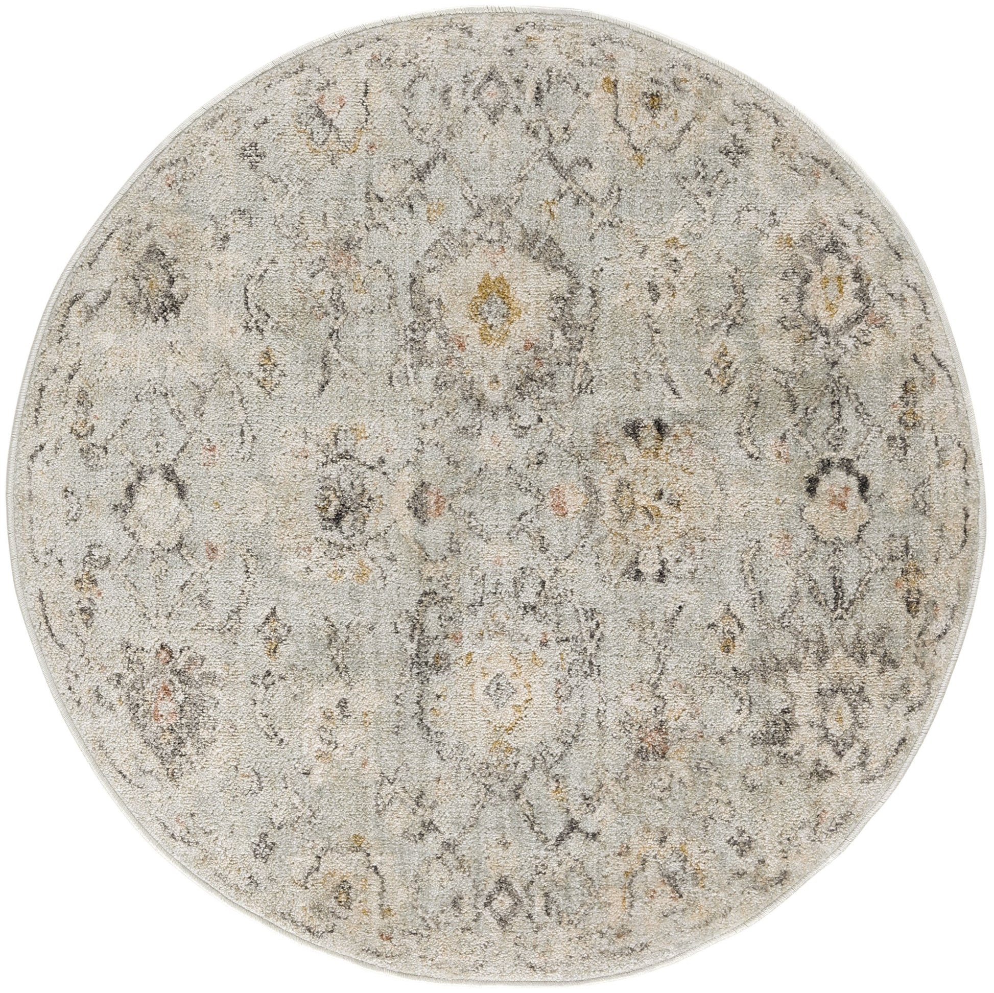 Round beige-gray rug with a faded traditional motif in ivory, taupe and pale gold.