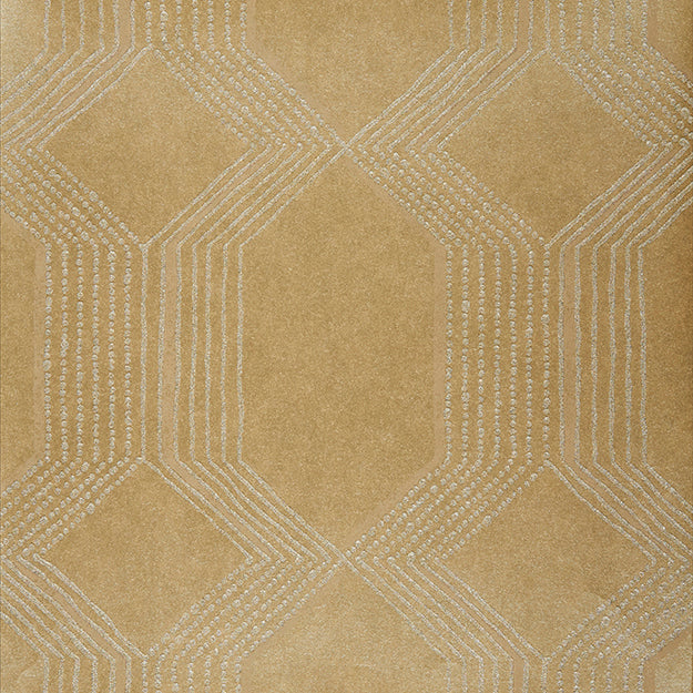 Green textured wallpaper with metallic silver interlocking diamond pattern and dotted line accents.