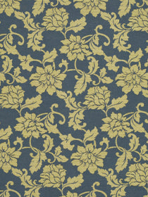 Gold damask floral pattern on dark blue upholstery fabric; ornate repeating vines and blossoms.