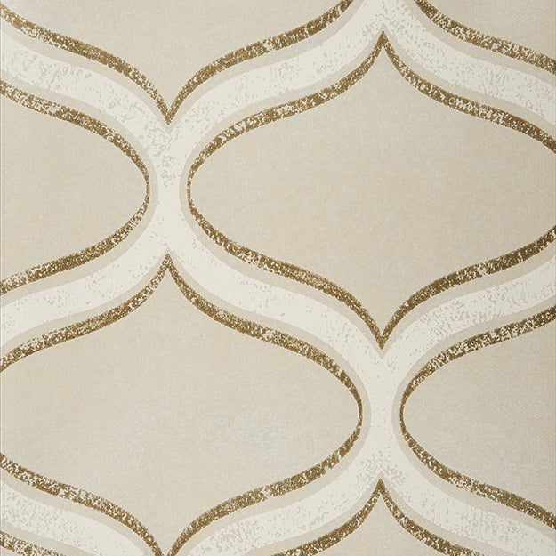 Green wallpaper with white interlocking curved shapes outlined in gold glitter; Art Deco style.