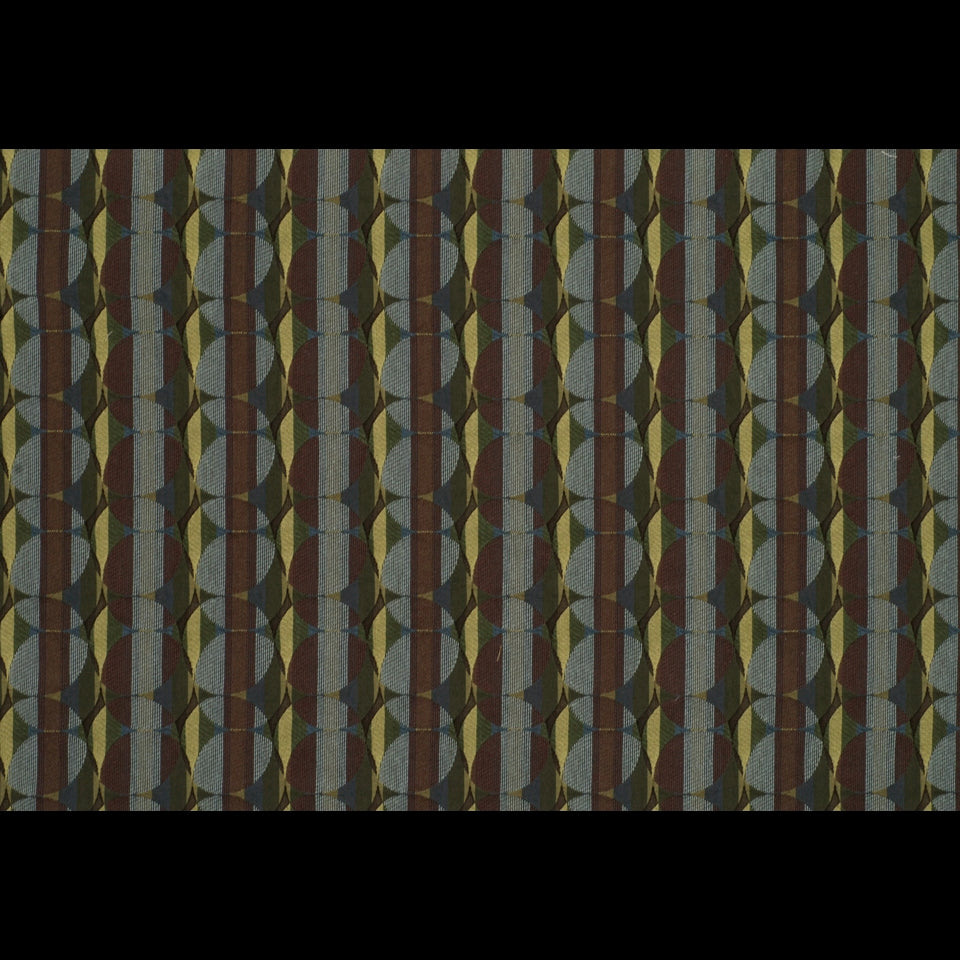 Retro geometric fabric pattern with vertical rows of overlapping circles in peacock blues and teals on a dark background.
