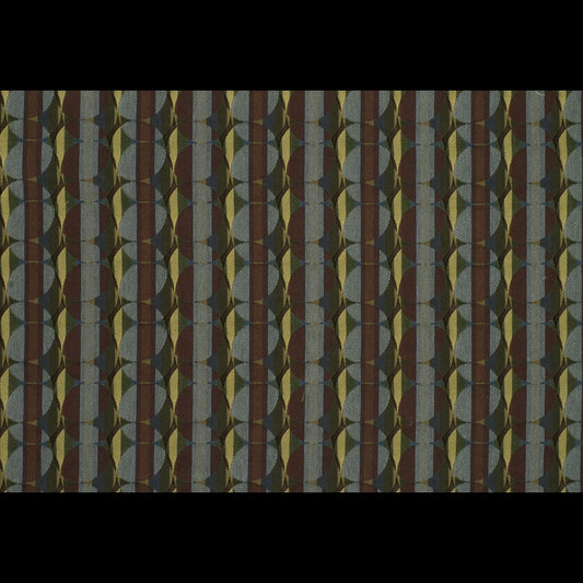 Retro geometric fabric pattern with vertical rows of overlapping circles in peacock blues and teals on a dark background.