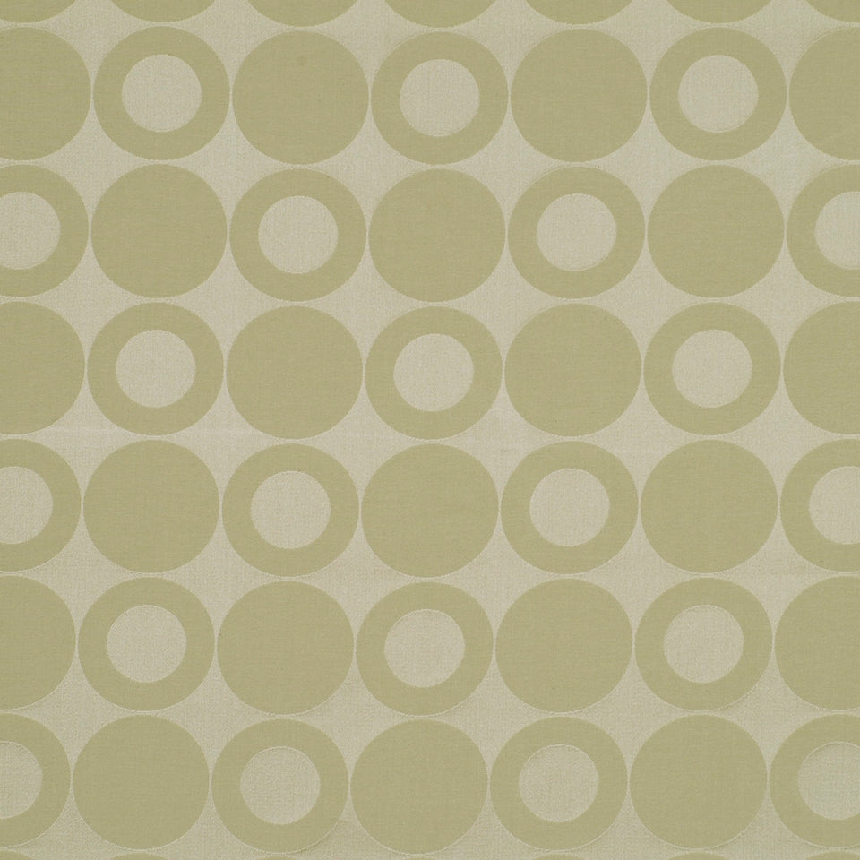 Beige background with olive hollow-circle motif in a repeating retro geometric pattern.