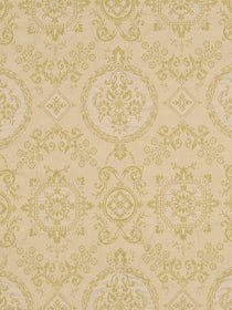 Cream background with a gold damask floral pattern on wheat upholstery fabric.