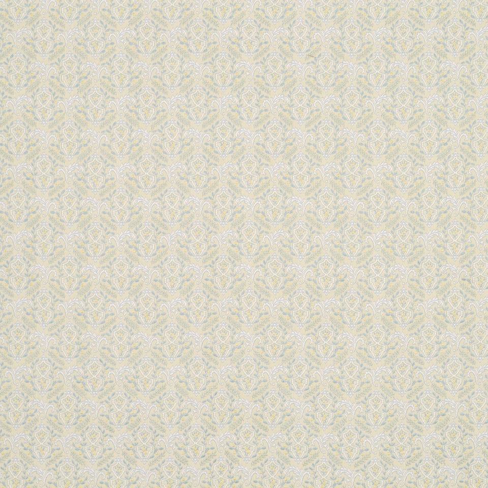 Cream damask floral upholstery fabric pattern in pale beige with subtle blue-gray ornate scroll motifs.