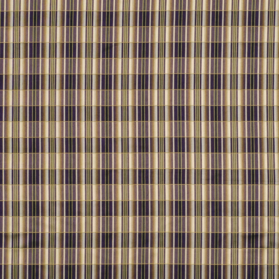 Plum upholstery fabric with navy and beige plaid and cream accents; thin vertical and horizontal stripes form a checked pattern.