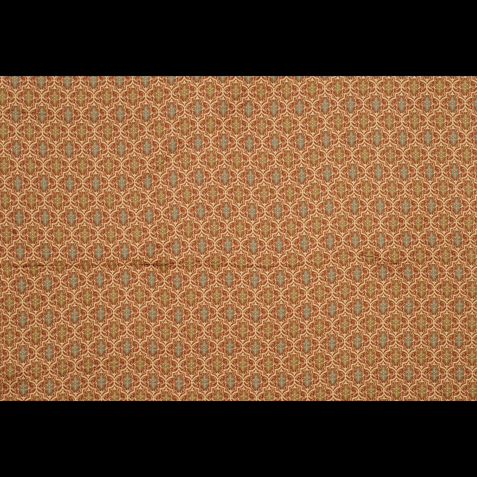 Copper-colored damask/brocade upholstery fabric with teal accents; ornate repeating floral motif.