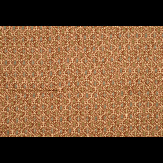 Copper-colored damask/brocade upholstery fabric with teal accents; ornate repeating floral motif.
