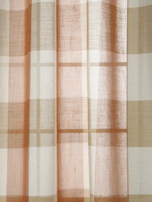 Lightweight sheer plaid curtain fabric in peach, beige and cream tones with vertical stripes, ideal for windows.