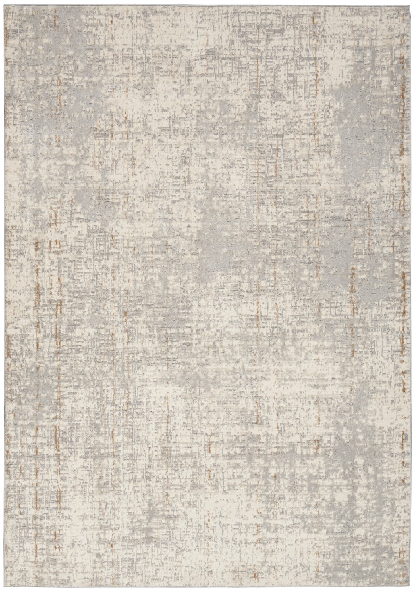Rectangular area rug in ivory, beige and gray with a subtle distressed abstract pattern; modern neutral decor.