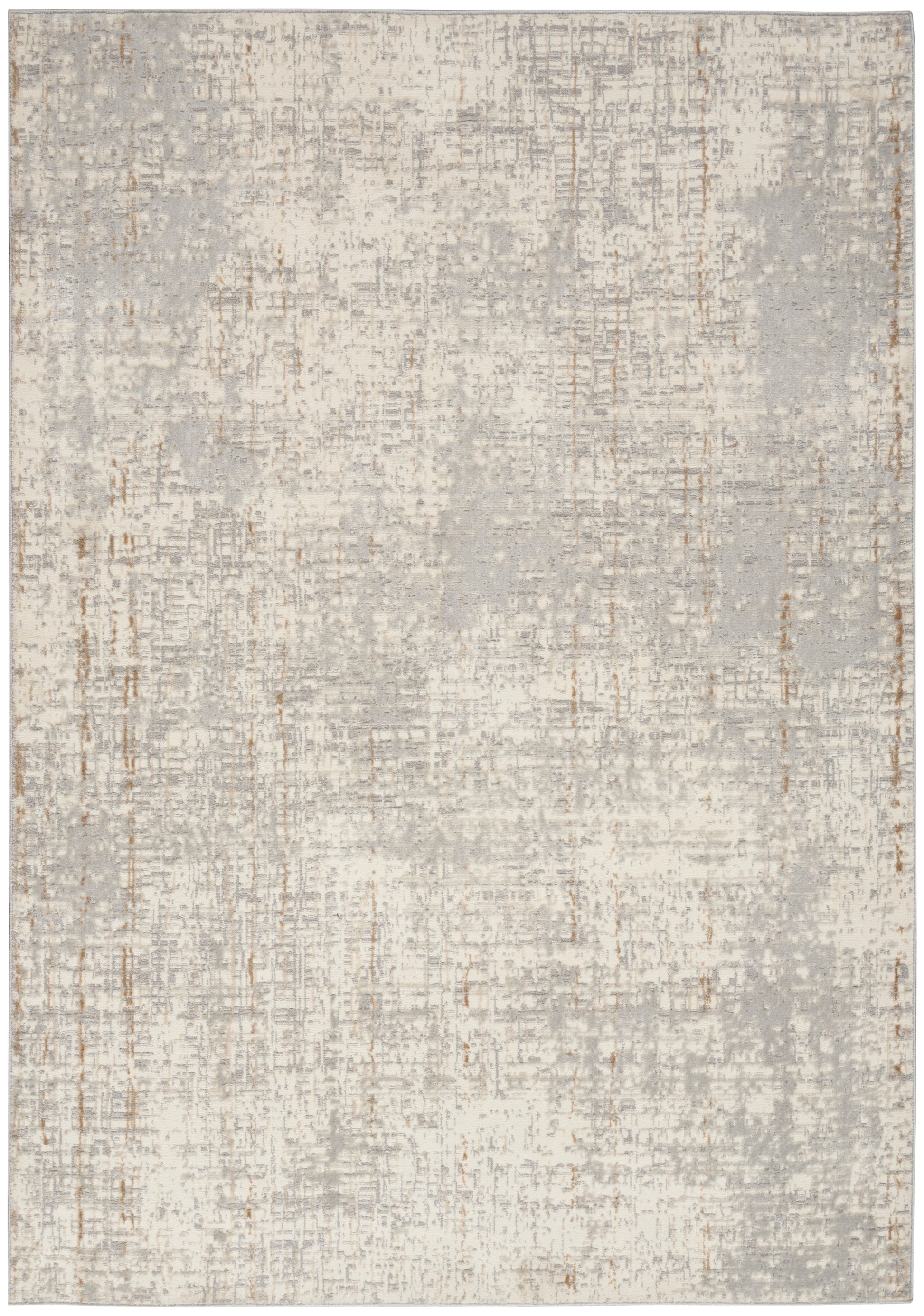 Rectangular area rug in ivory, beige and gray with a subtle distressed abstract pattern; modern neutral decor.