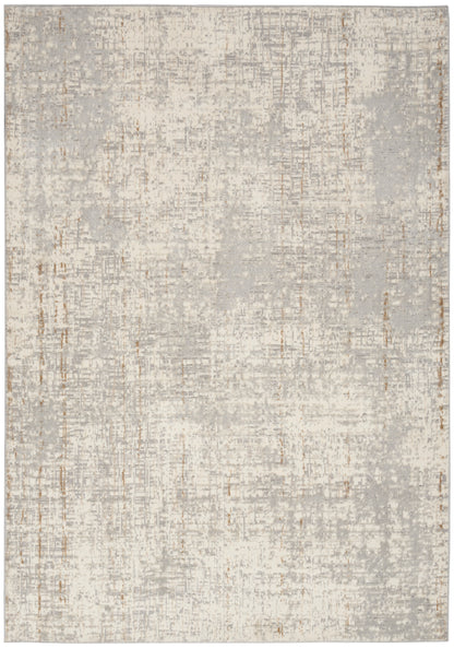Rectangular area rug in ivory, beige and gray with a subtle distressed abstract pattern; modern neutral decor.