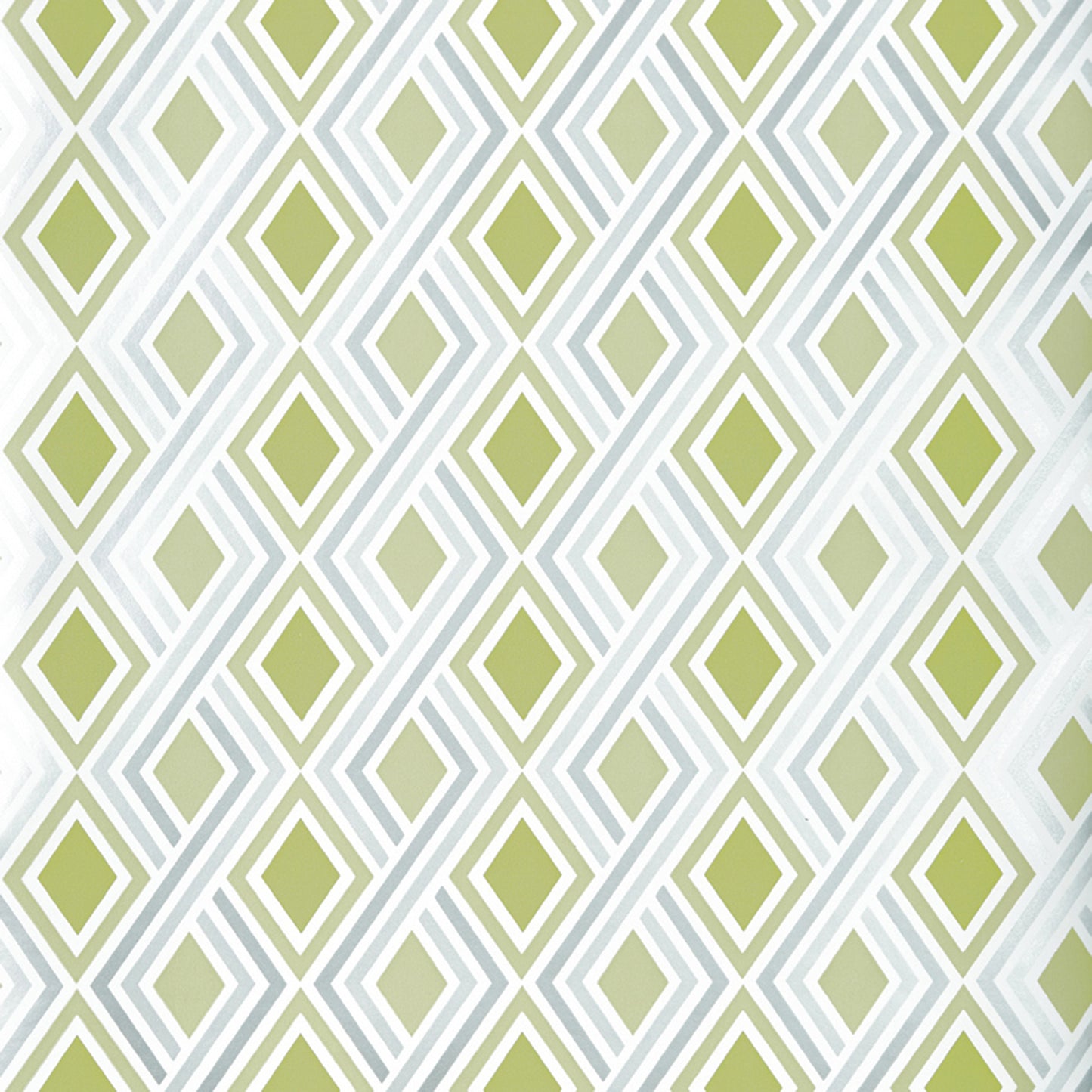 Geometric diamond lattice wallpaper in olive green with white and light gray outlines.