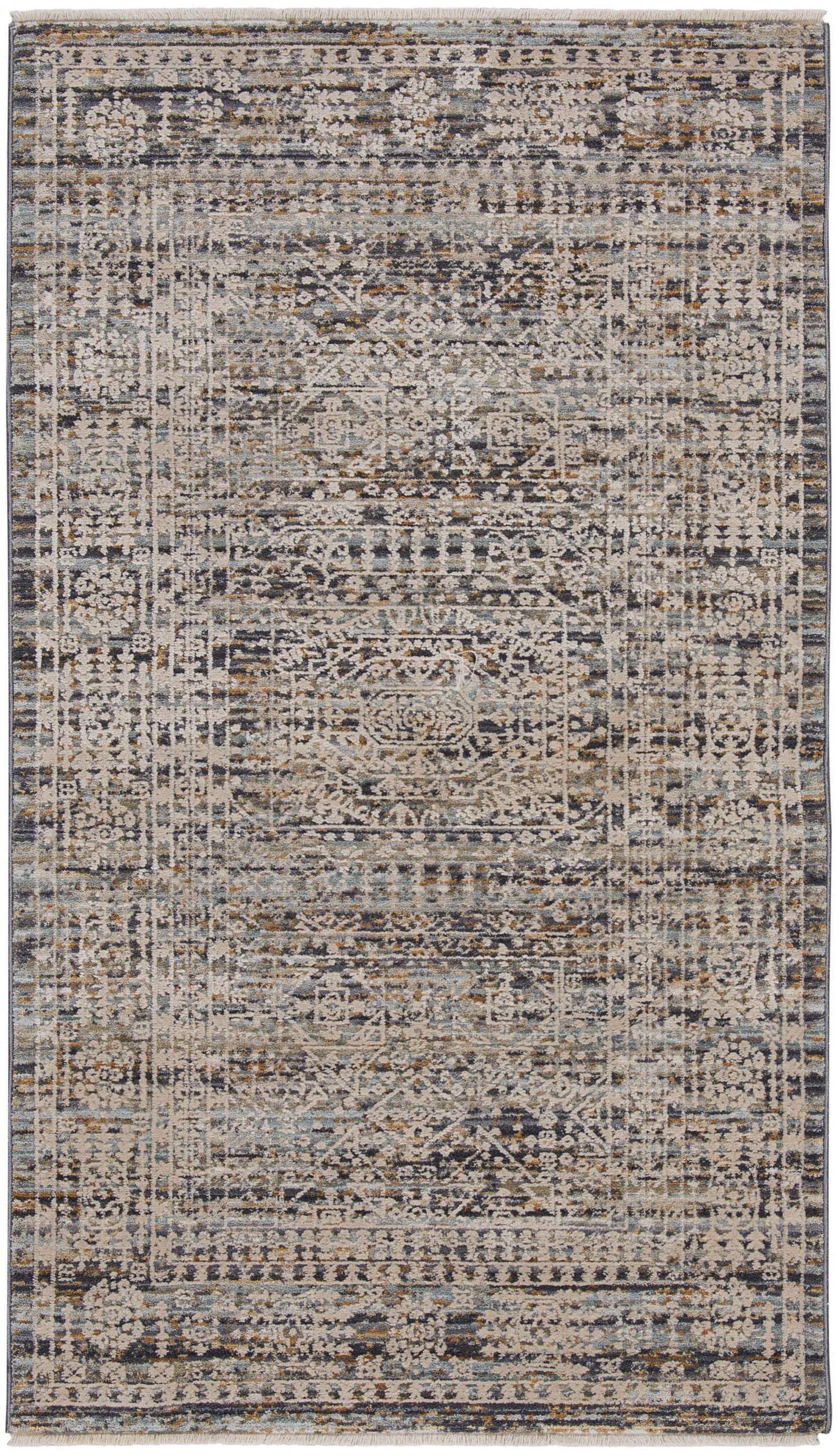 Rectangular distressed Persian-inspired area rug in muted gray, ivory and taupe with fringe edges.