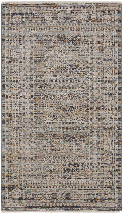 Rectangular distressed Persian-inspired area rug in muted gray, ivory and taupe with fringe edges.