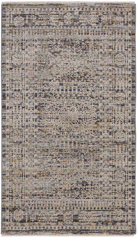 Rectangular distressed Persian-inspired area rug in muted gray, ivory and taupe with fringe edges.