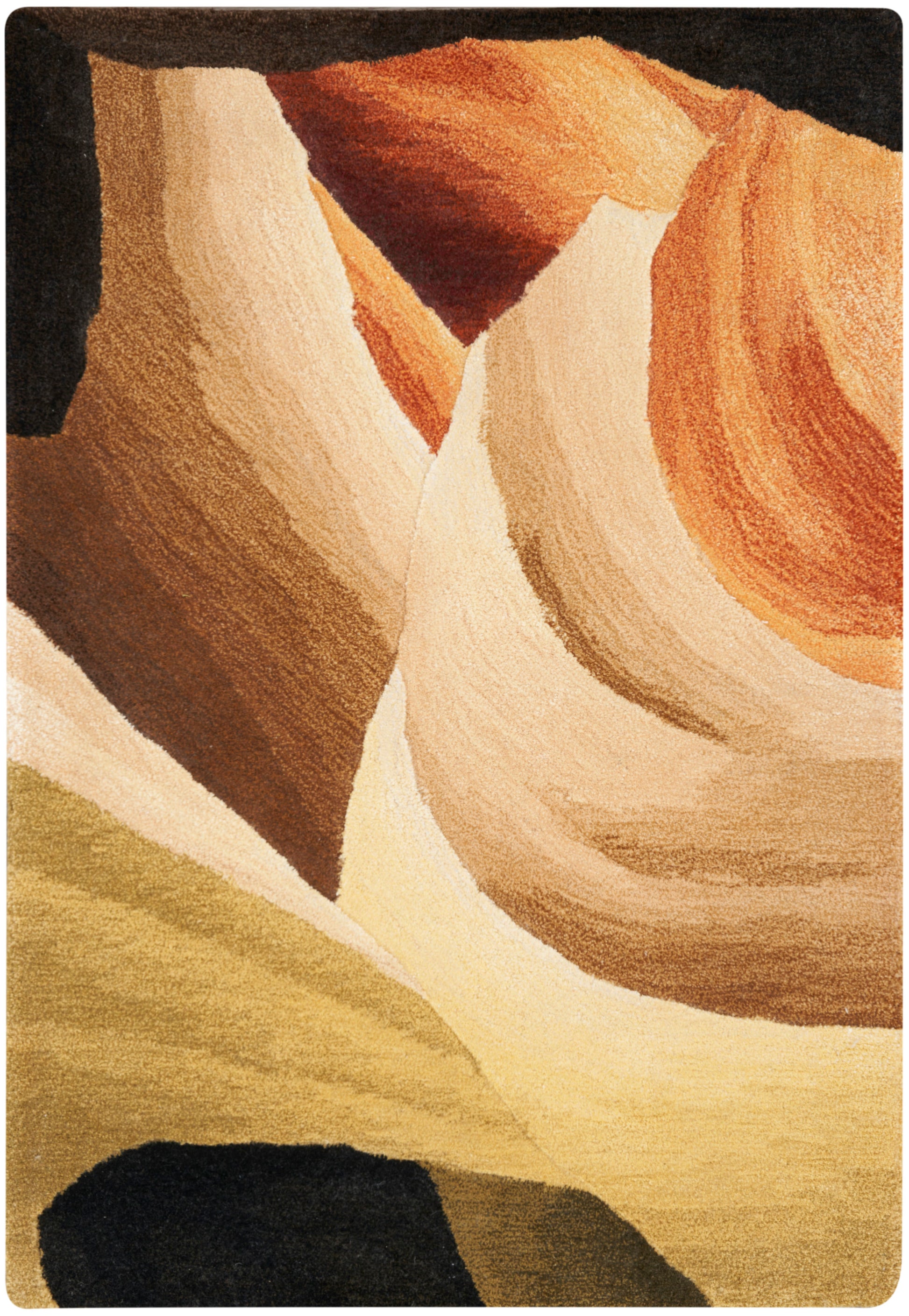 Abstract canyon rug in warm earth tones with flowing beige, cream, rust and black shapes.