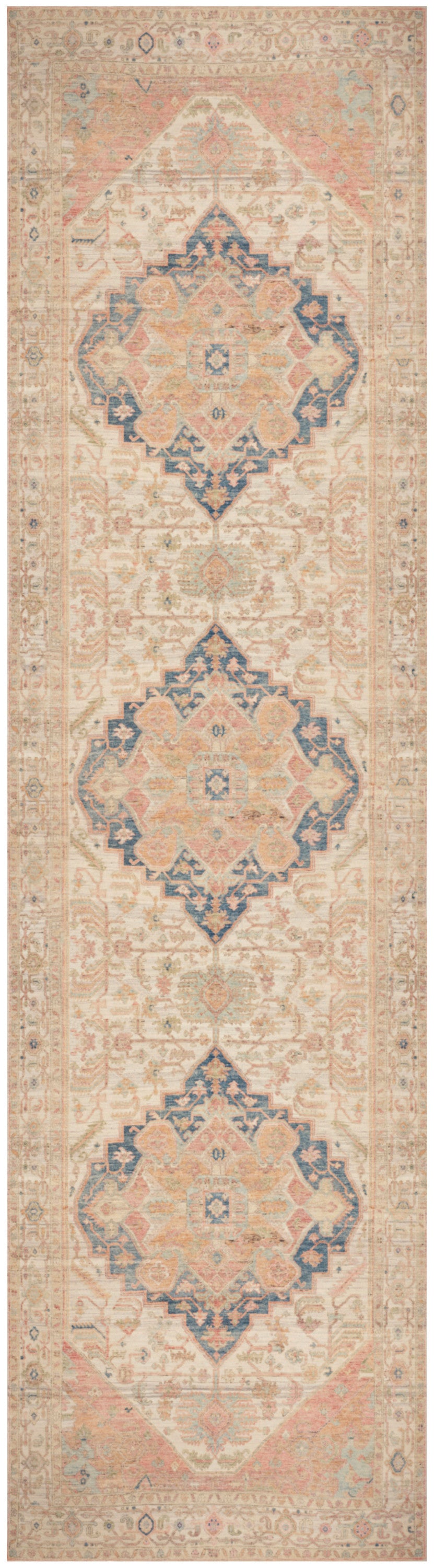 Persian-inspired runner rug with repeating diamond medallions in peach, ivory and blue on a soft cream field.