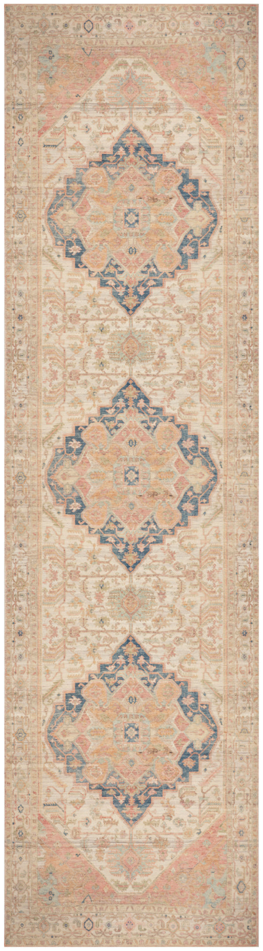 Persian-inspired runner rug with repeating diamond medallions in peach, ivory and blue on a soft cream field.