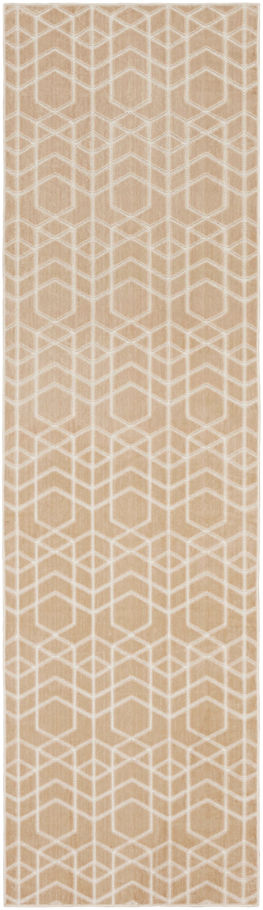 Beige rug runner with white geometric hex/trellis pattern; modern decorative design.