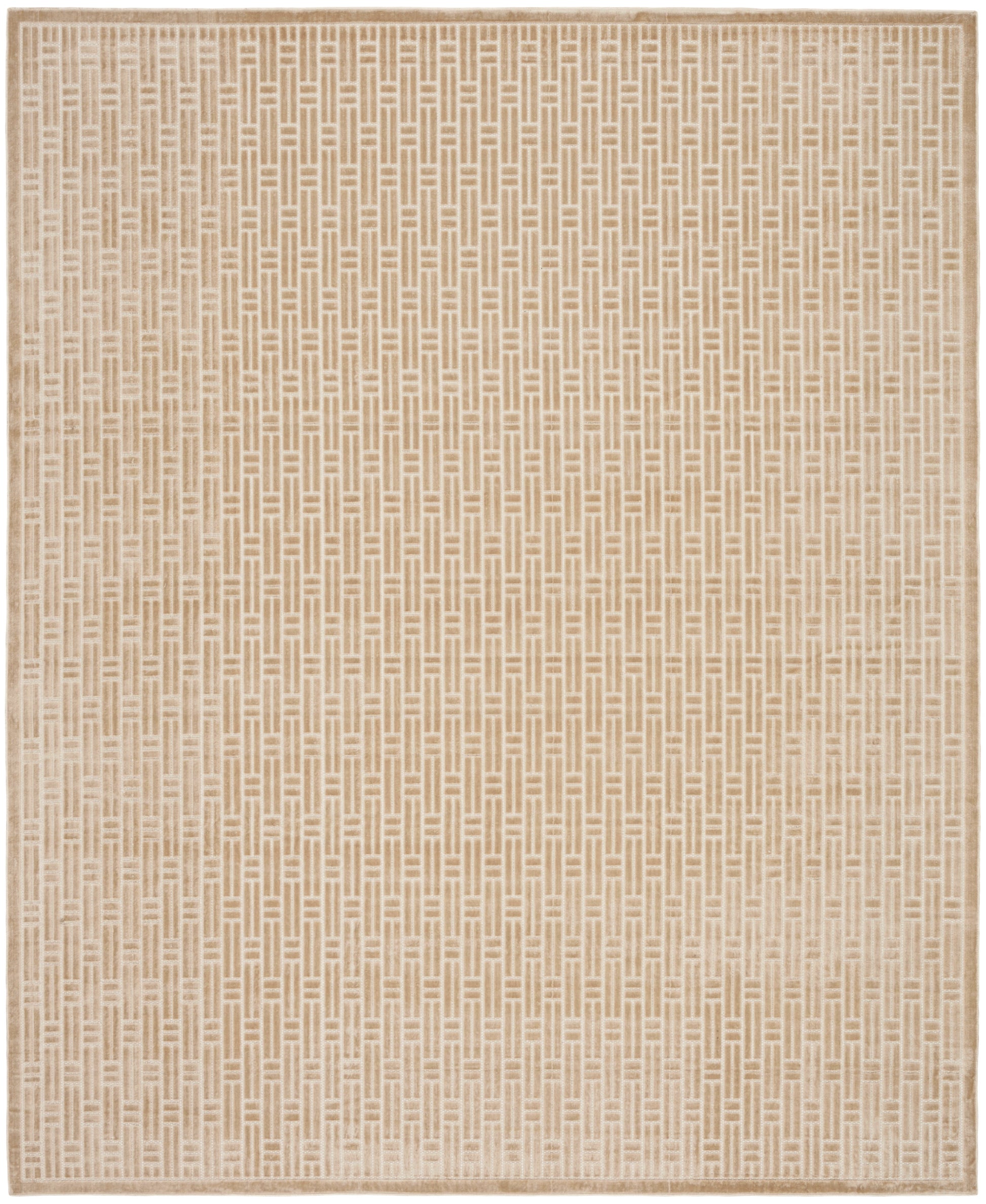 Beige woven area rug with a subtle geometric lattice pattern and light border, neutral home decor