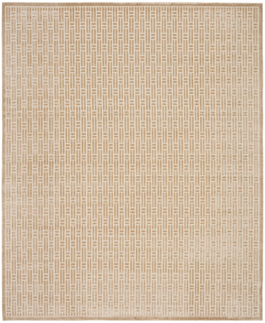 Beige woven area rug with a subtle geometric lattice pattern and light border, neutral home decor