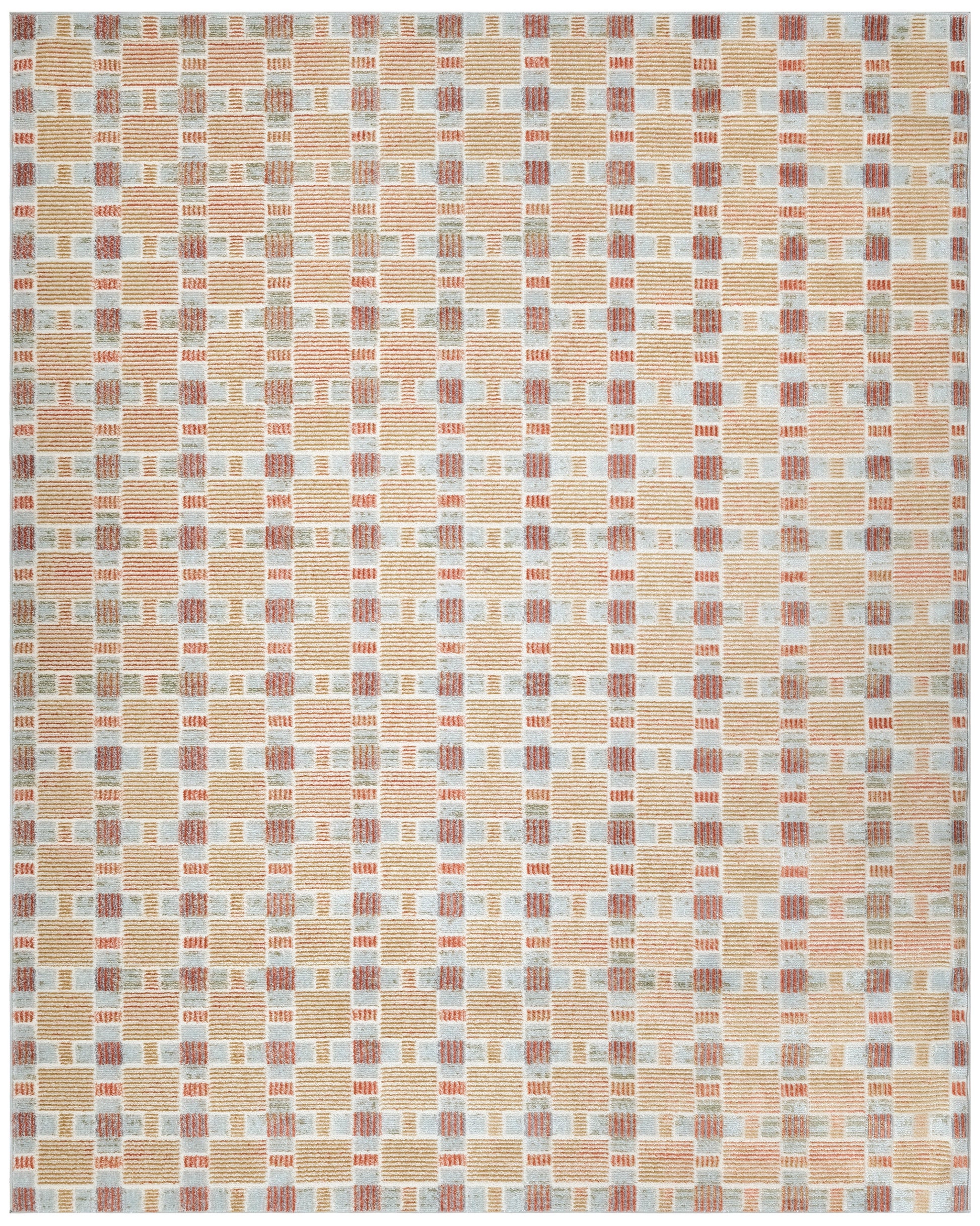 Rectangular woven rug with a peach and light-blue checkered grid of striped blocks in a repeating pattern.
