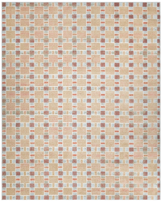 Rectangular woven rug with a peach and light-blue checkered grid of striped blocks in a repeating pattern.