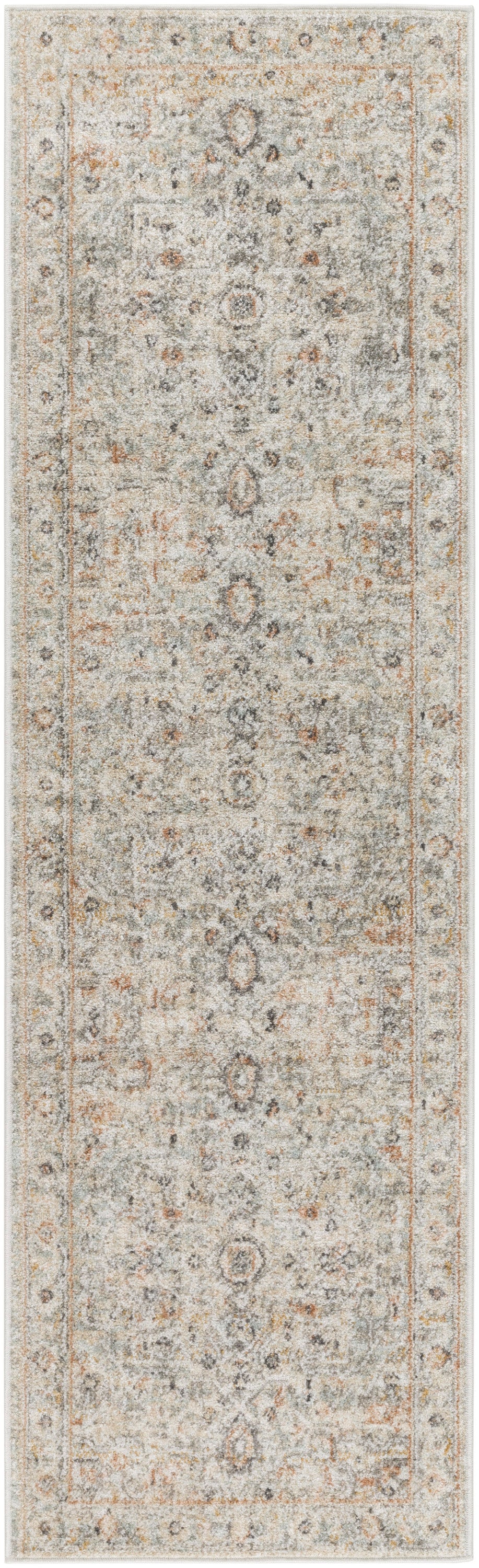 Distressed vintage-style runner rug in soft blue-gray with ivory and rust accents, ornate floral border.