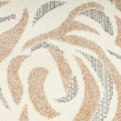 Cream and tan outdoor rug with a swirled abstract pattern in light grey; plush woven texture; 2' x 3'.