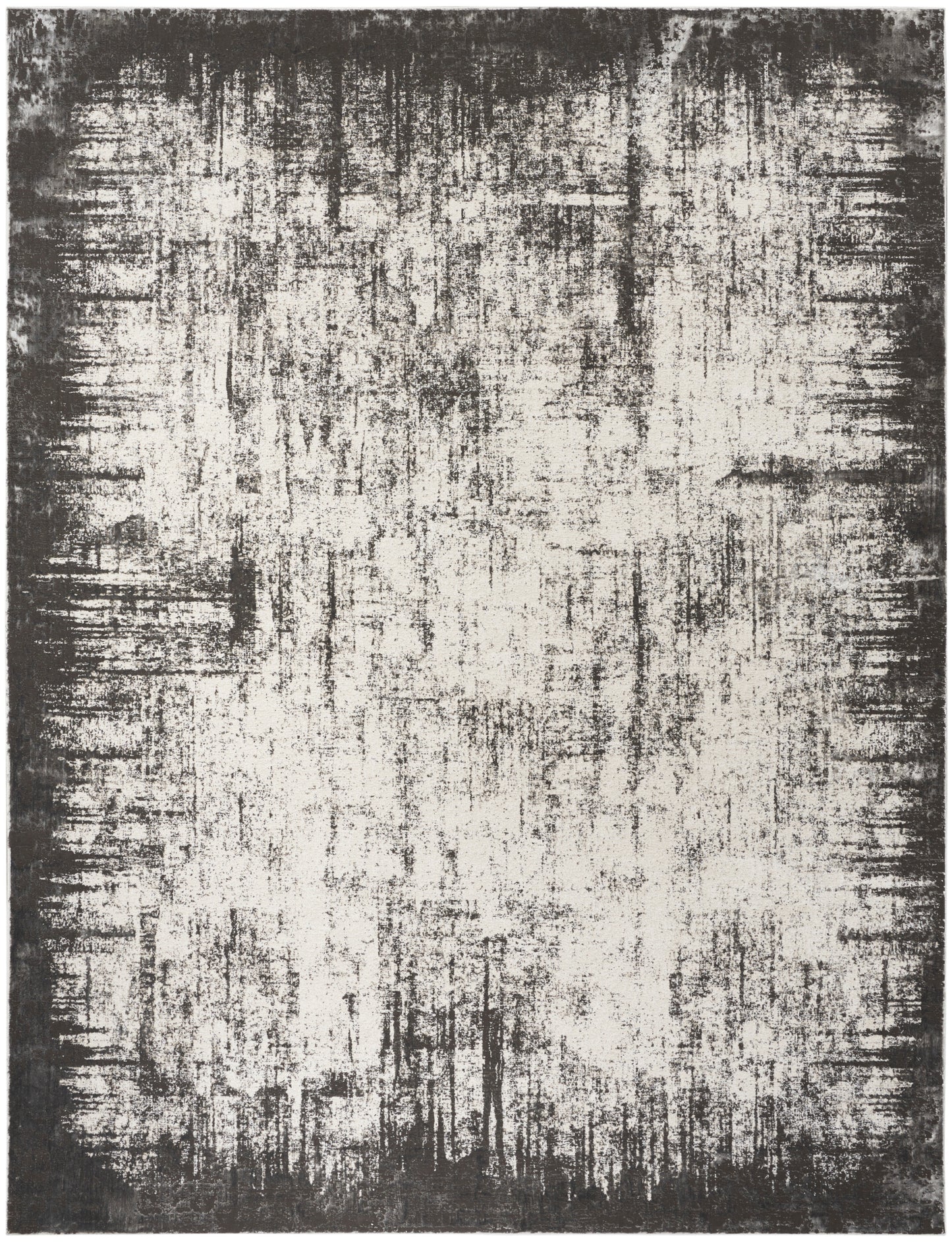 Abstract distressed area rug in ivory and charcoal with a dark border and painterly, textured pattern.