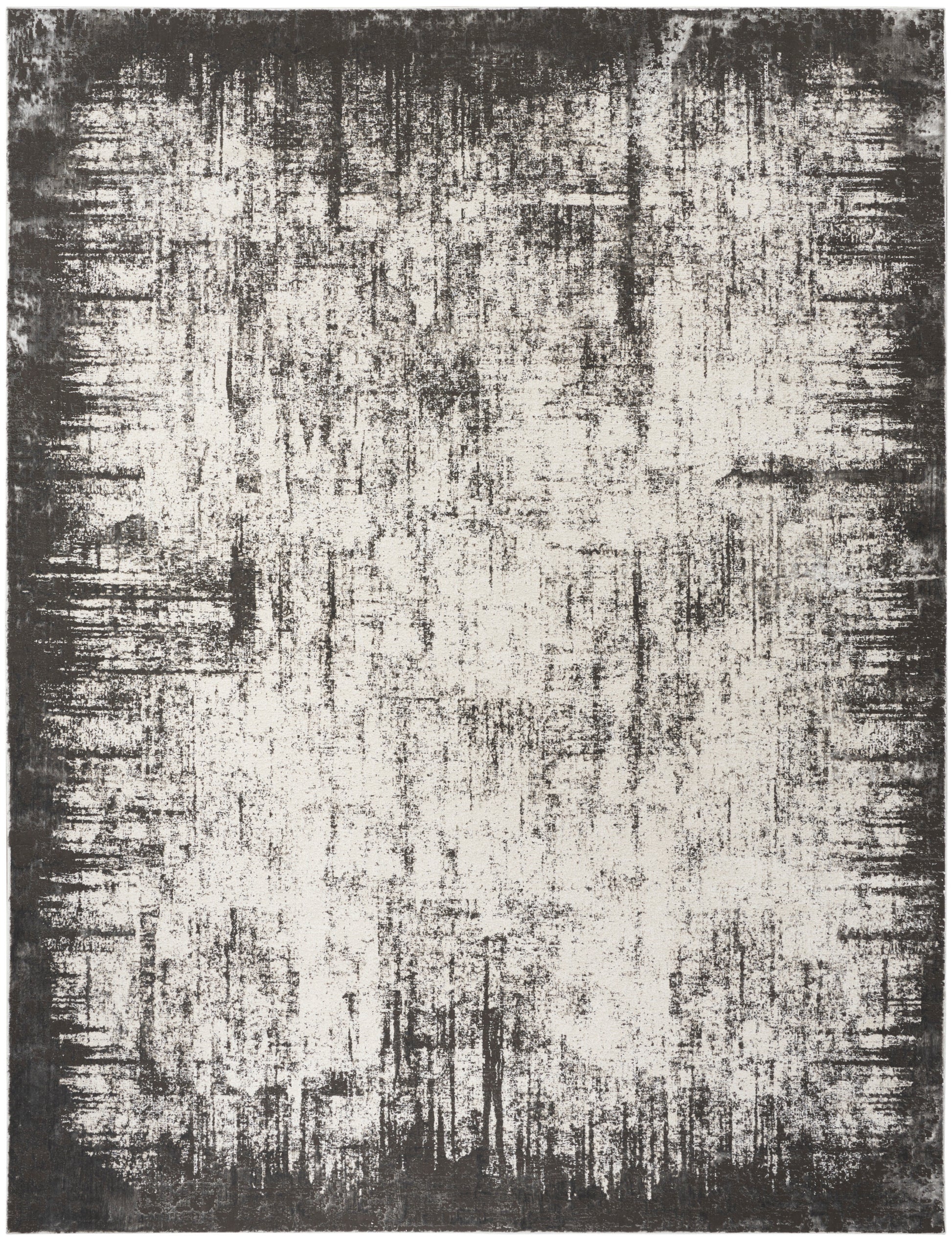 Abstract distressed area rug in ivory and charcoal with a dark border and painterly, textured pattern.