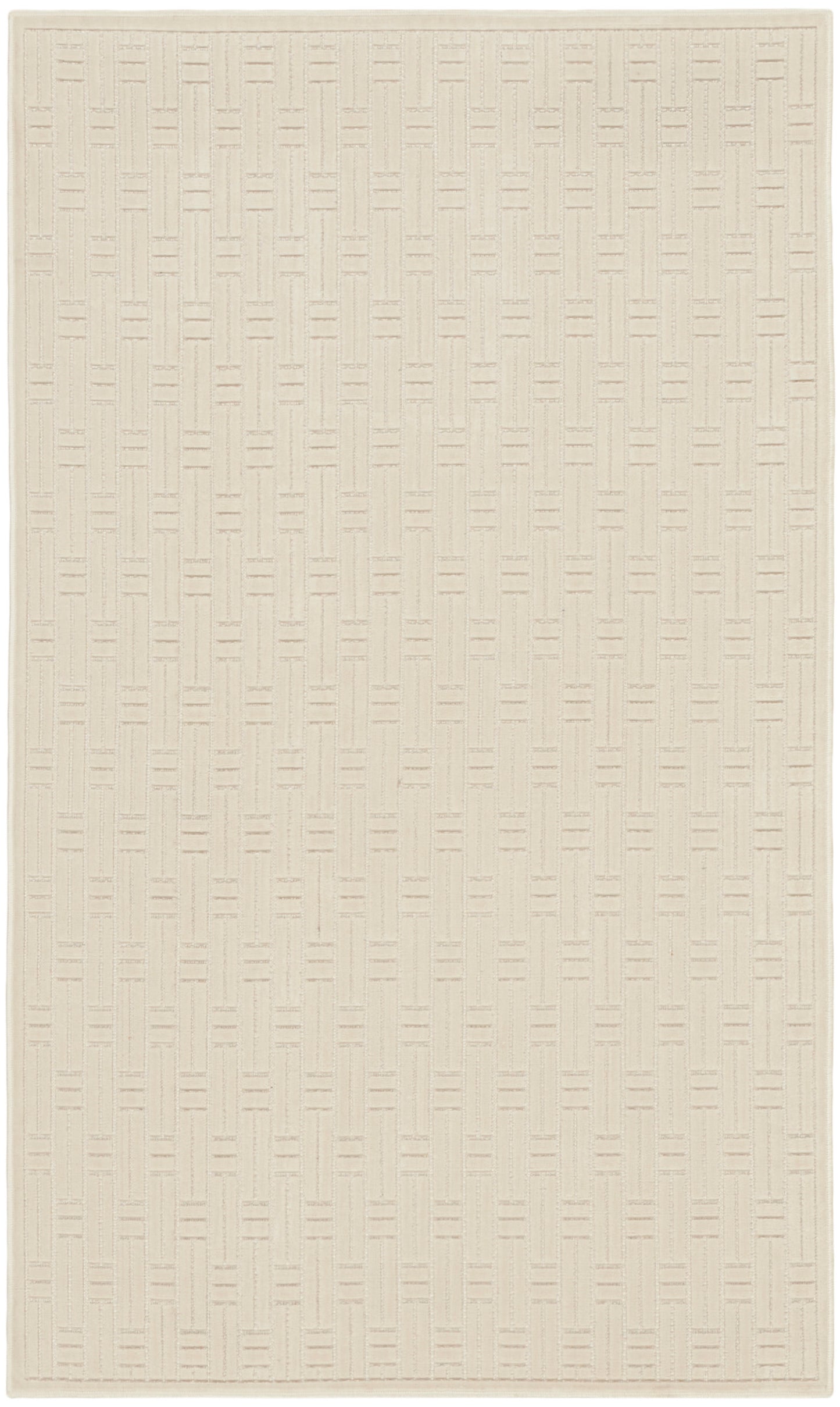 Cream rug with a subtle geometric woven pattern of vertical bars and small dashes for a neutral minimalist look.