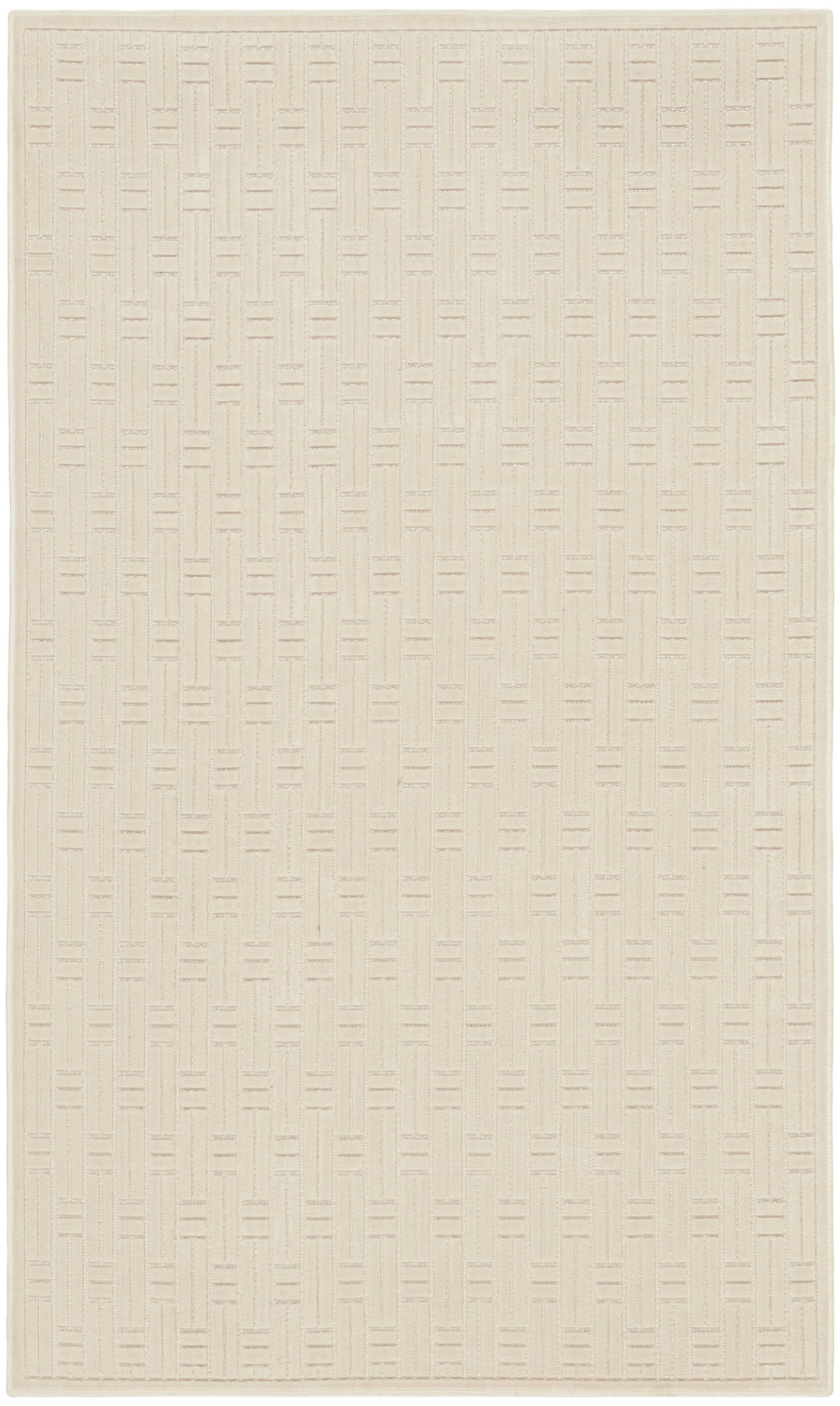 Cream rug with a subtle geometric woven pattern of vertical bars and small dashes for a neutral minimalist look.