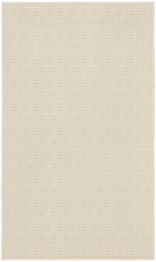 Cream rug with a subtle geometric woven pattern of vertical bars and small dashes for a neutral minimalist look.