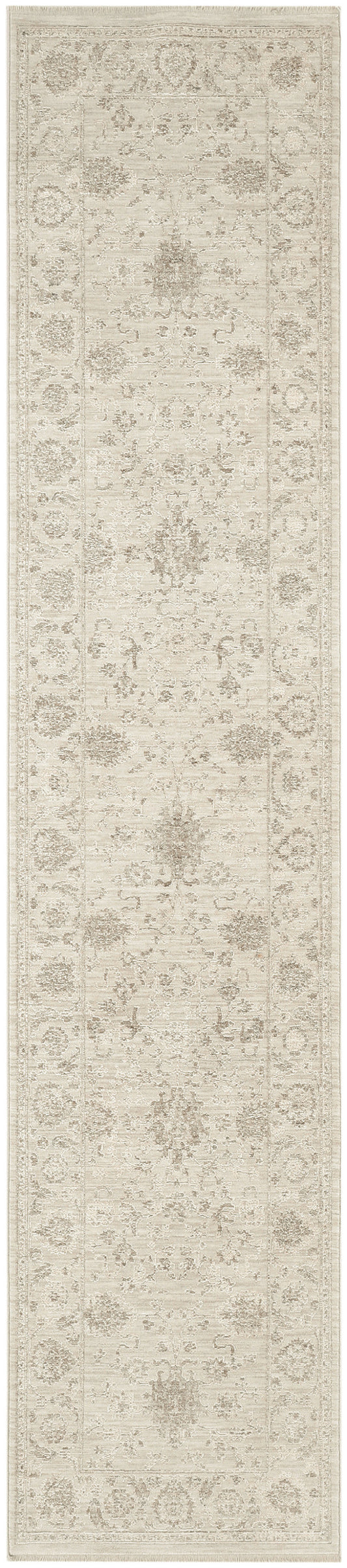 Long beige oriental runner rug with cream-taupe floral medallions and decorative border.