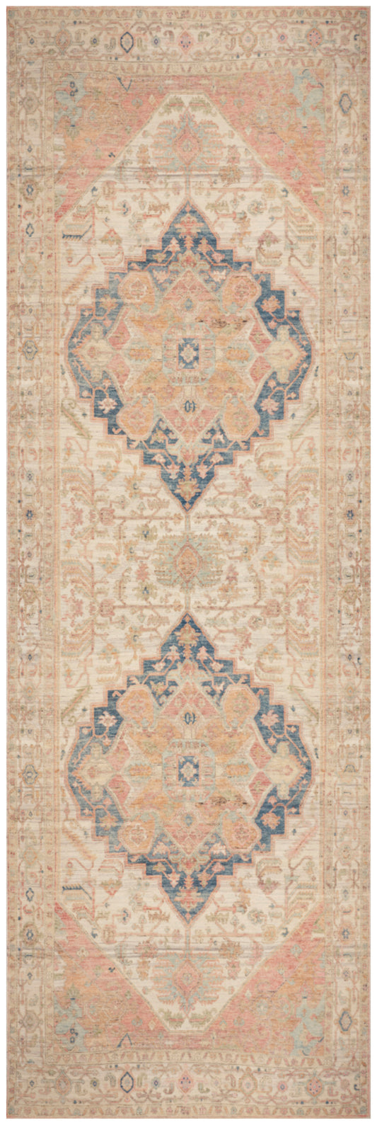 Oriental-style runner rug in beige with pink-peach diamond medallions and navy blue accents, vintage distressed look.