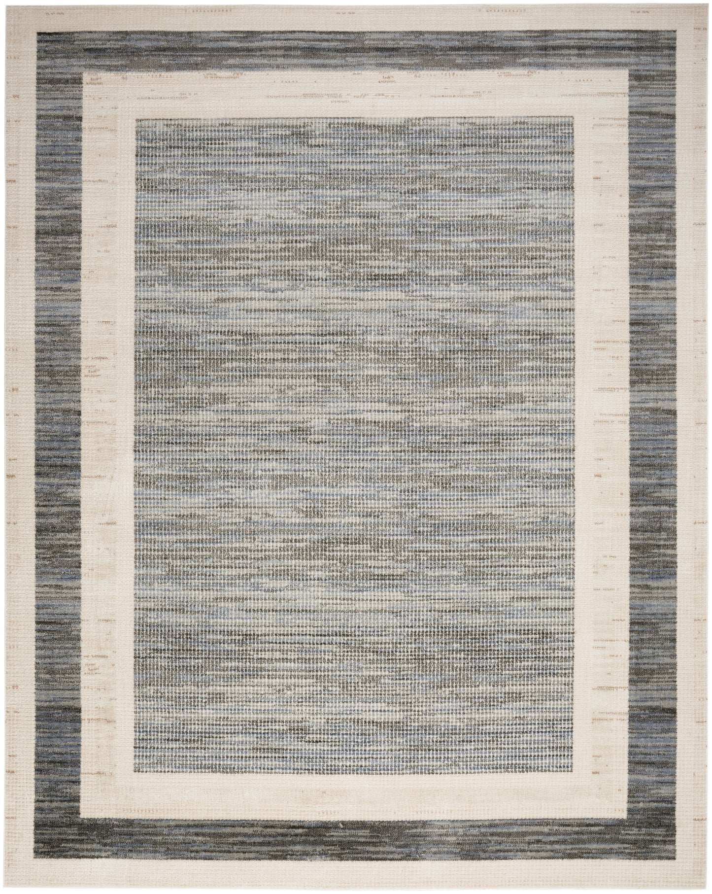 Rectangular woven area rug with cream and blue-gray double borders and a mottled blue-gray center.