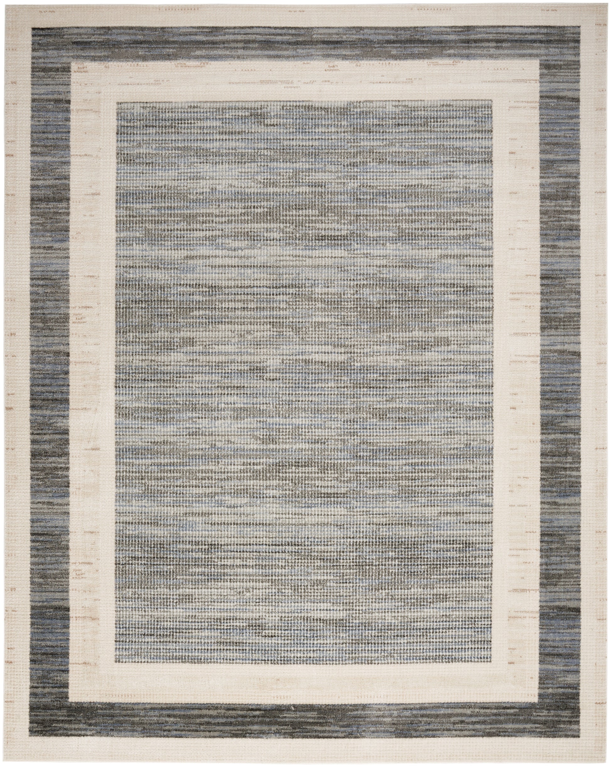 Rectangular woven area rug with cream and blue-gray double borders and a mottled blue-gray center.