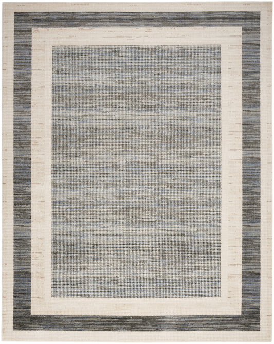Rectangular woven area rug with cream and blue-gray double borders and a mottled blue-gray center.