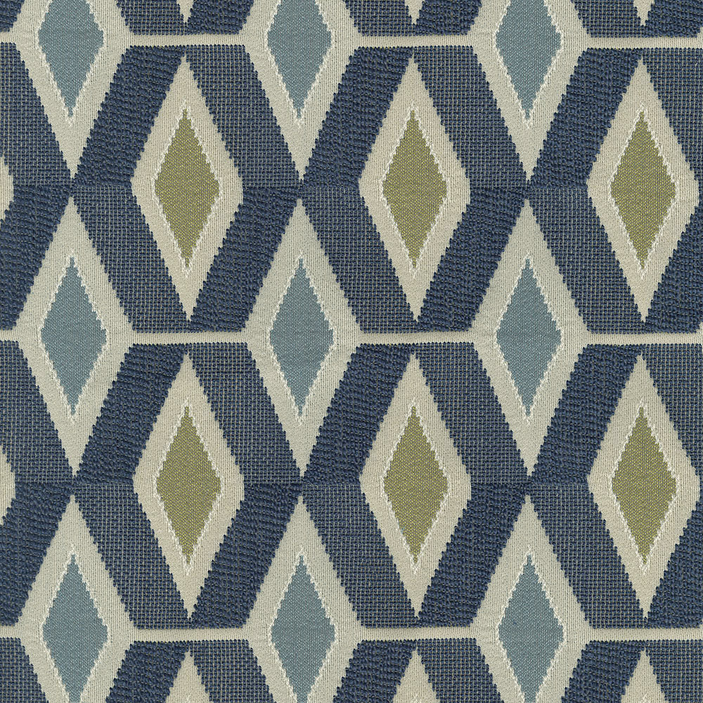 Woven fabric with a repeating navy, sky blue and olive diamond pattern; geometric fabric textile.
