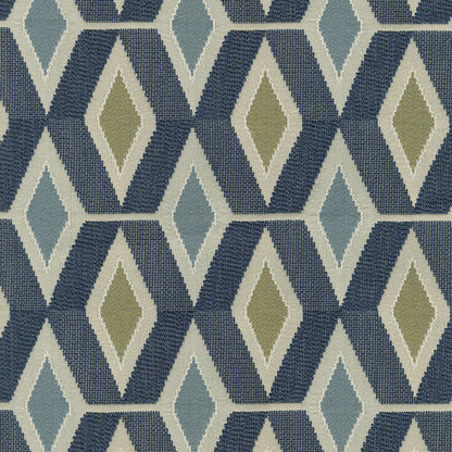 Woven fabric with a repeating navy, sky blue and olive diamond pattern; geometric fabric textile.