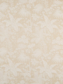 Beige wallpaper with white tropical palm leaf motif, repeating damask-like pattern on warm background.